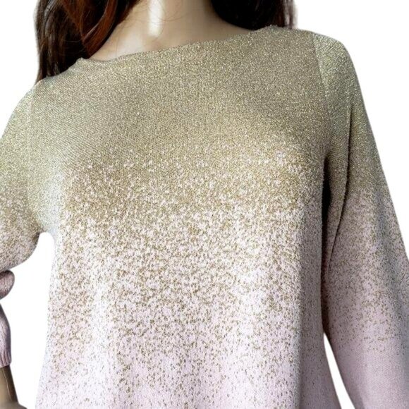 Ruby Rd. Petite Large Metallic gold and pink 3/4 sleeve Cotton Blend Sweater - Picture 2 of 6
